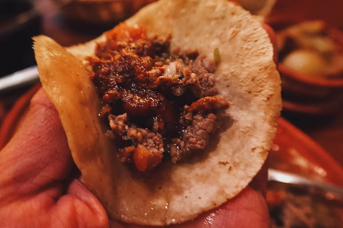 Beef steak in a corn tortilla in Guadalajara