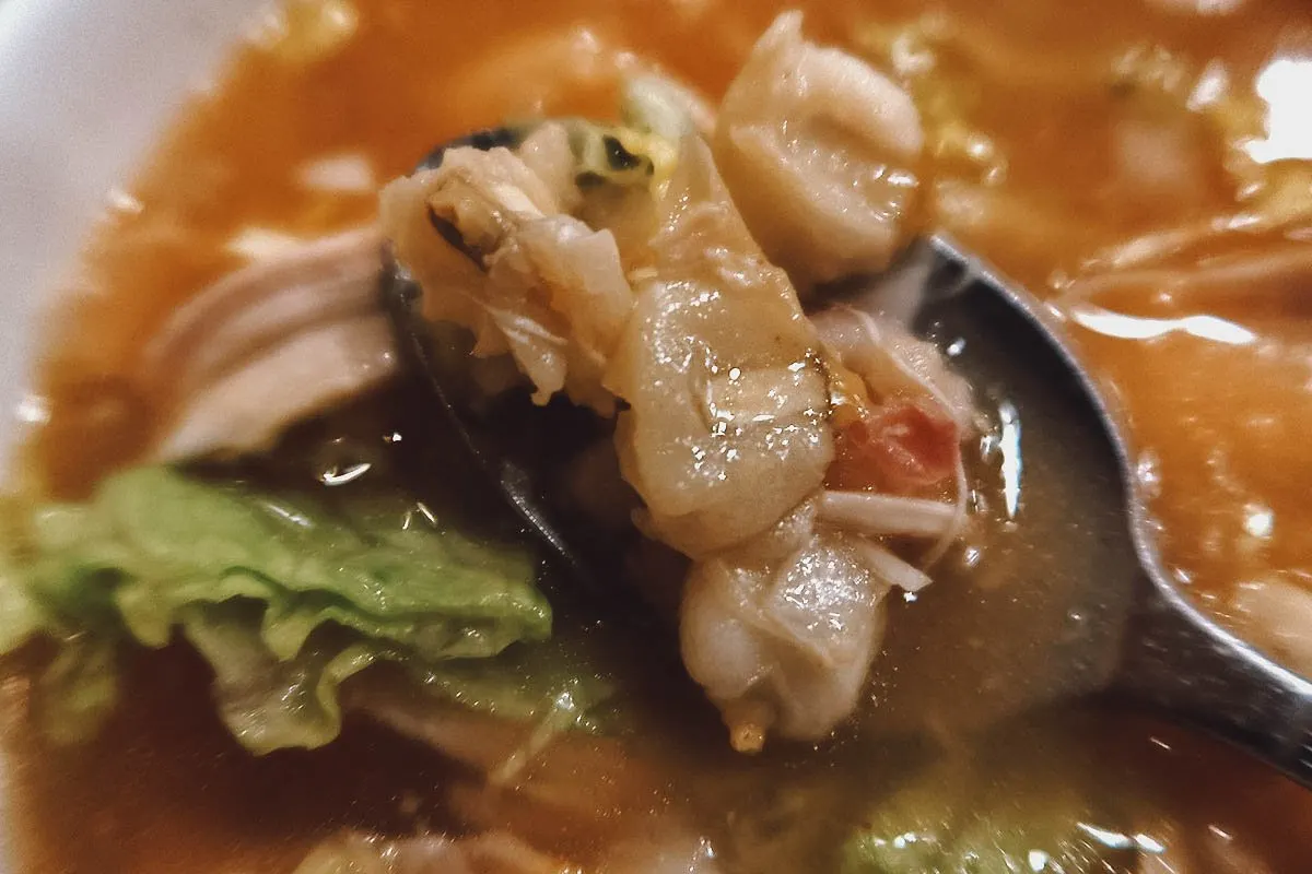 A closer look at hominy in a bowl of pozole blanco in Guadalajara