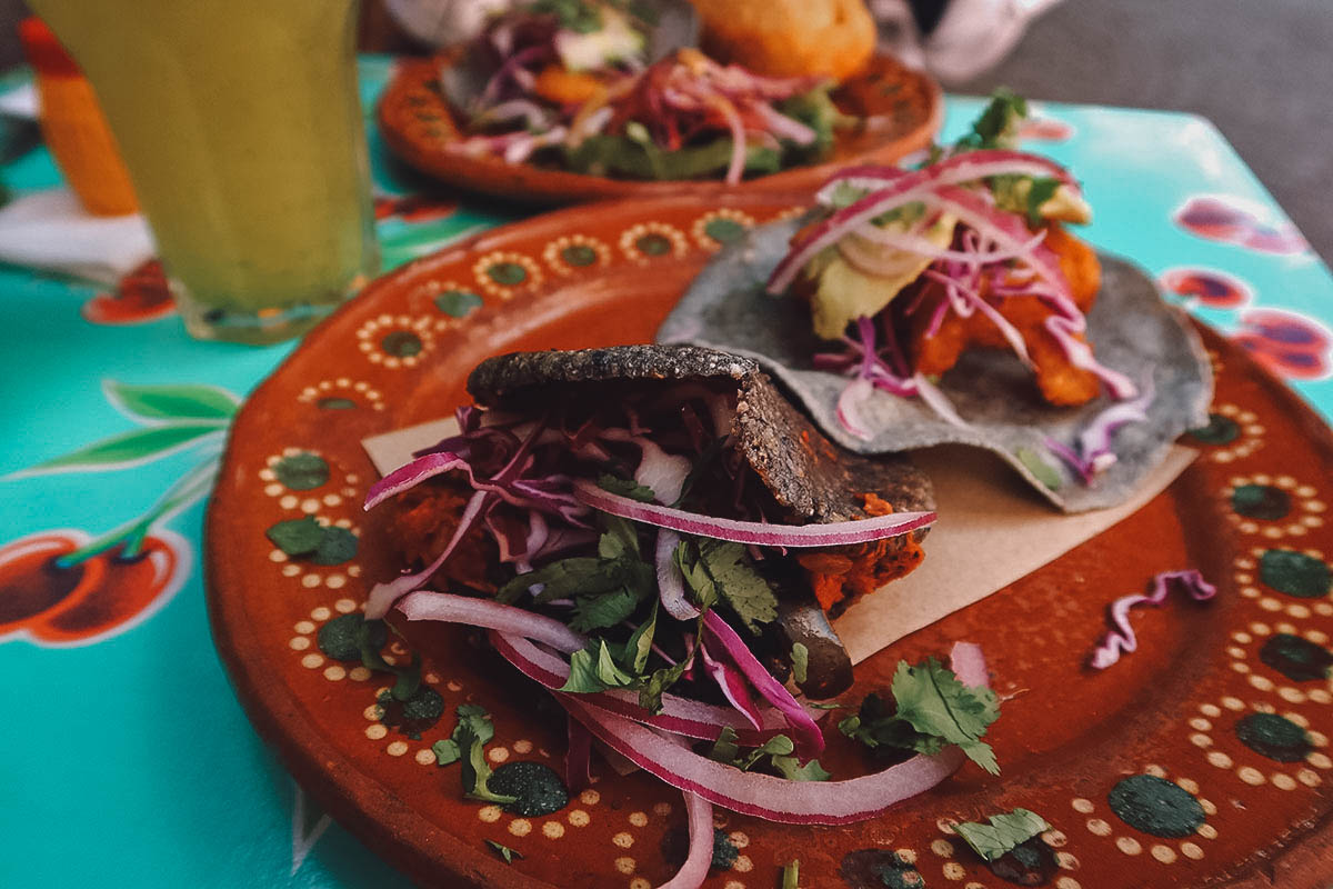 Marlin gordita and shrimp taco at a restaurant in Guanajuato