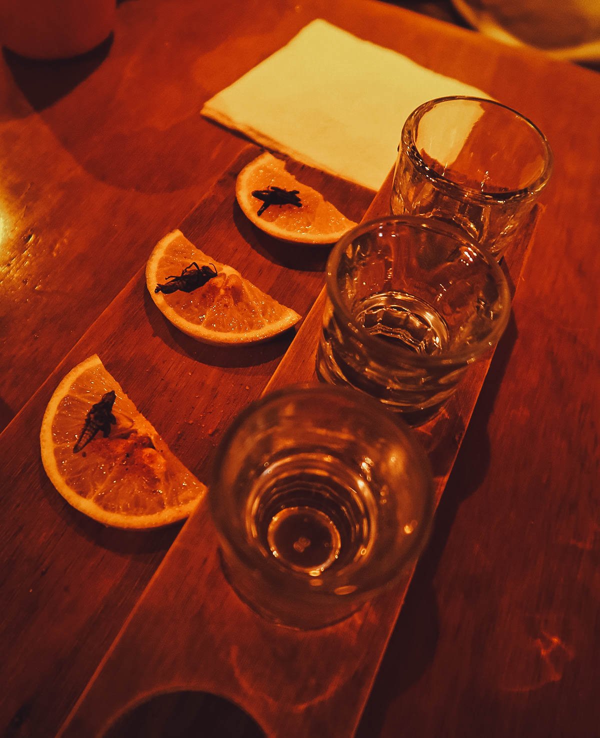 Mezcal with a slice of orange and a fried cricket
