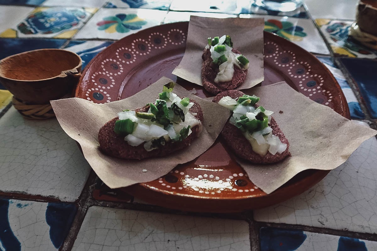 Trio of tlacoyos at a pulqueria in Puerto Vallarta