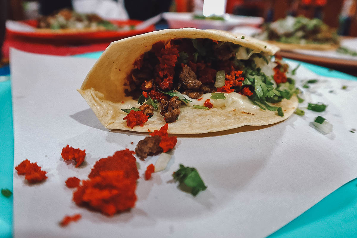 Quesadilla with chorizo and bistec at a restaurant in Guanajuato