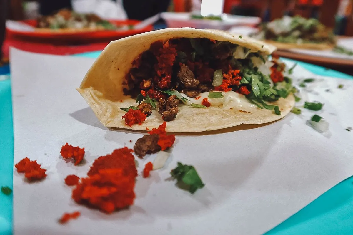 Quesadilla with chorizo and bistec at a restaurant in Guanajuato