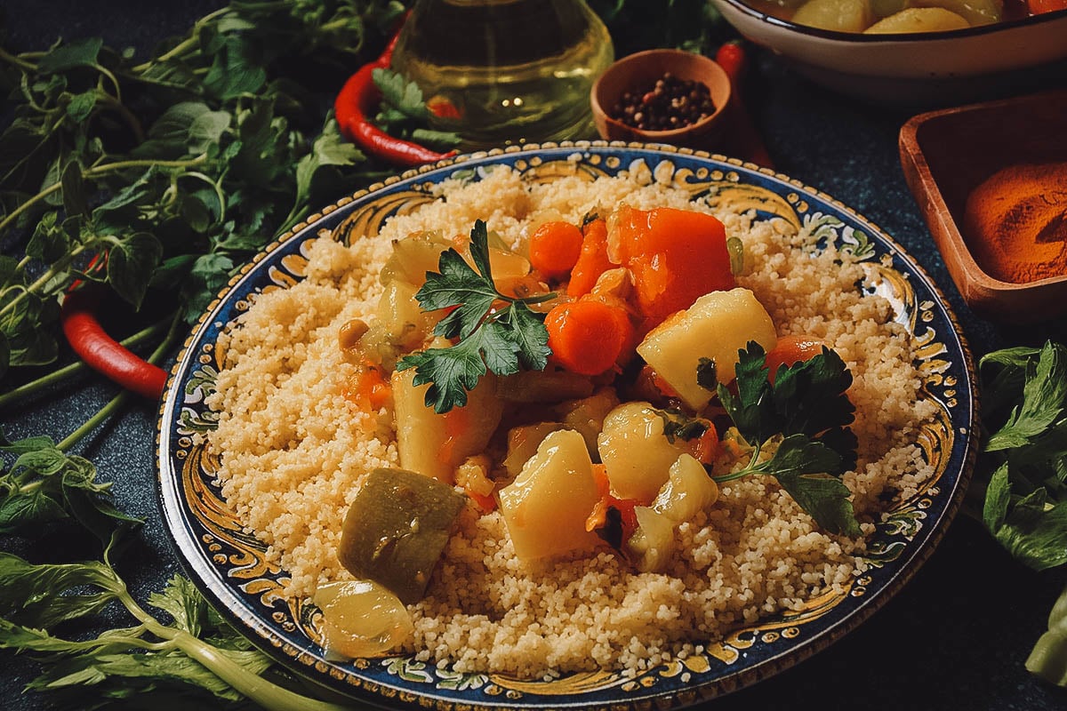 Tunisian Food Couscous prepared with vegetables, a traditional dish in Tunisian cuisine