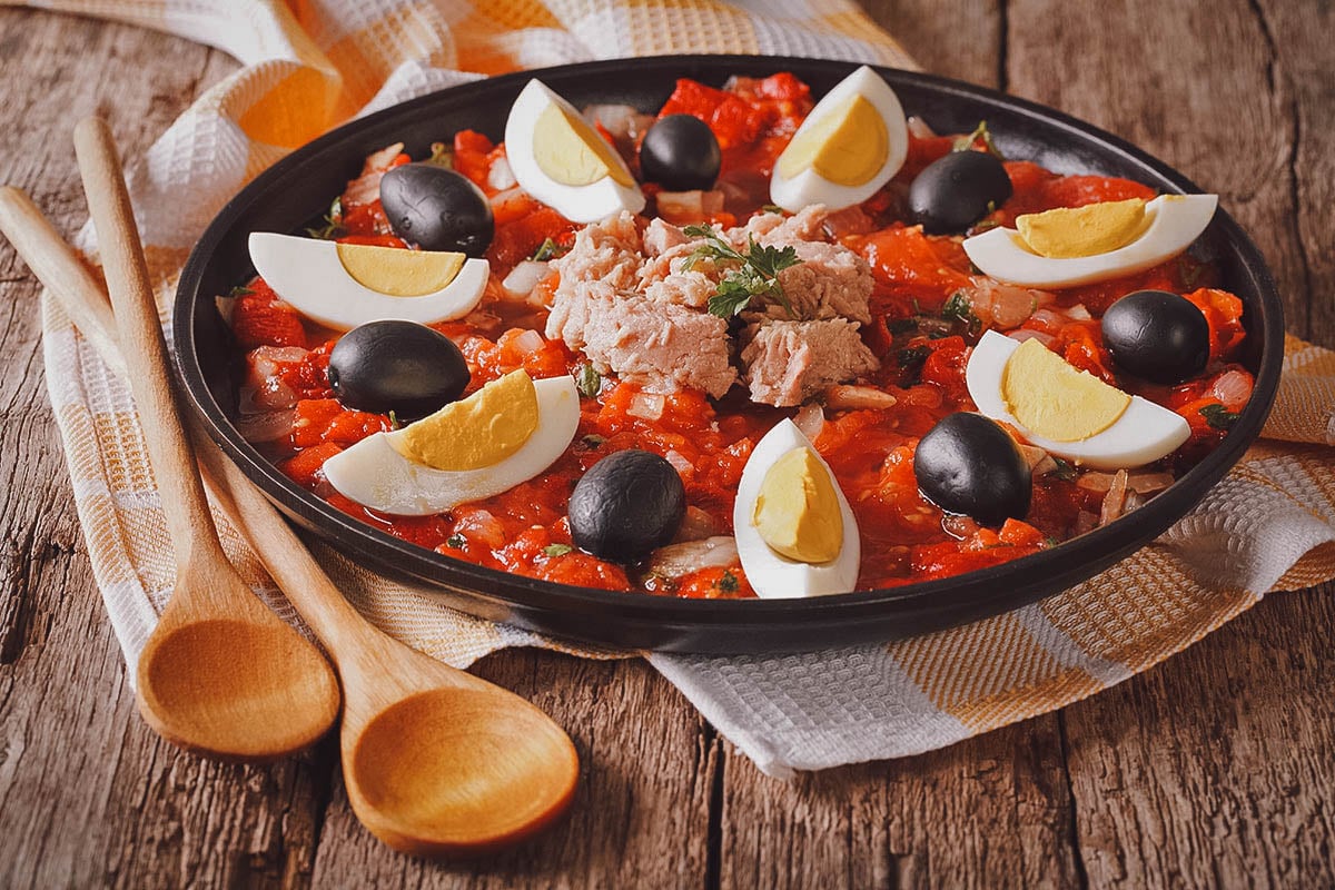 Tunisian Food Mechouia salad, a traditional Tunisian salad made with grilled mashed vegetables