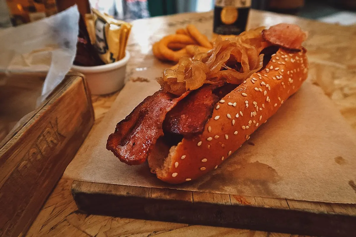 Hot dog at a food hall in Mexico City