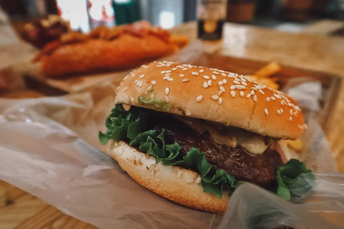 Hamburger at a food hall in Mexico City