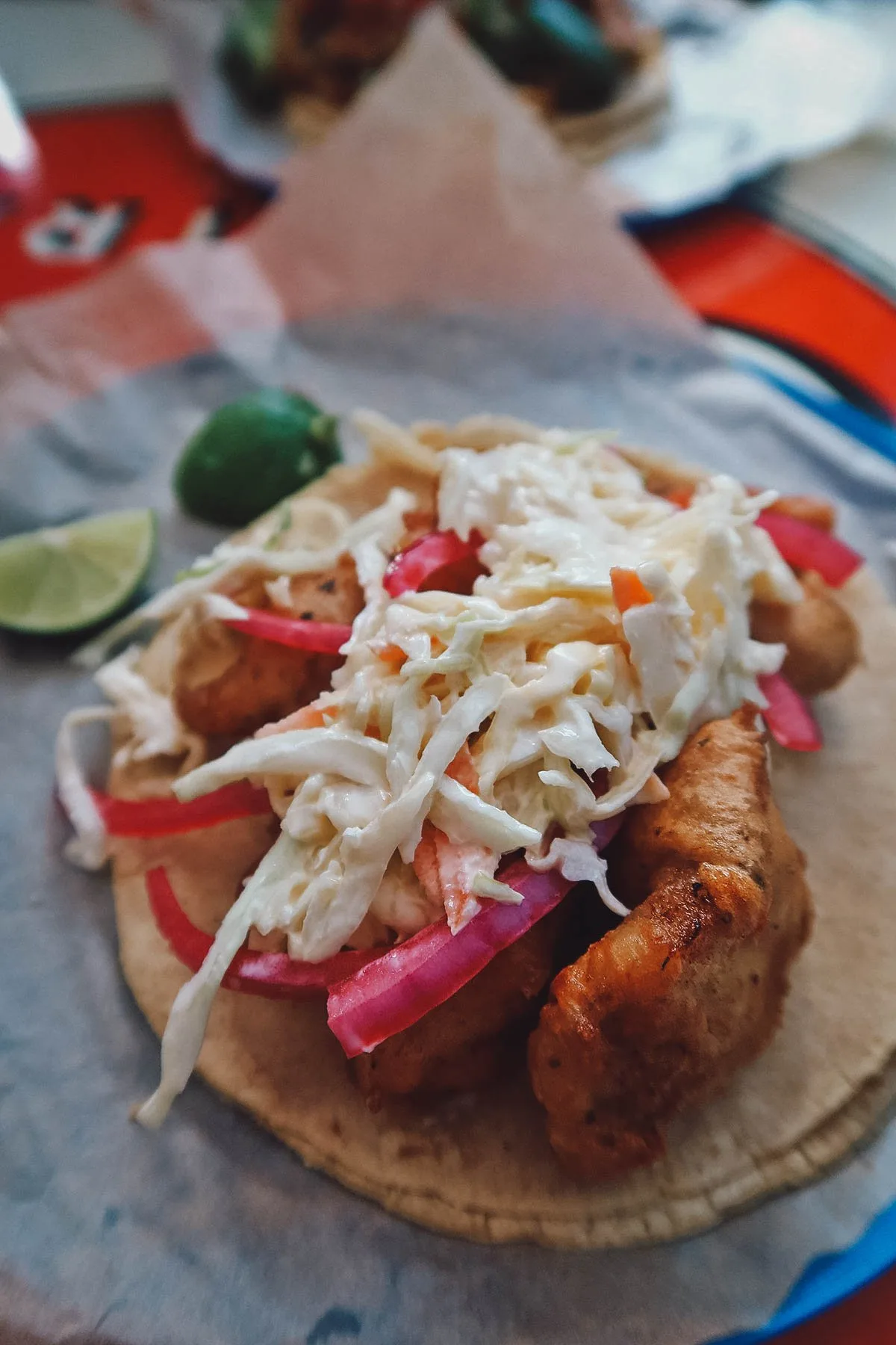 Shrimp tacos at a restaurant in Mexico City