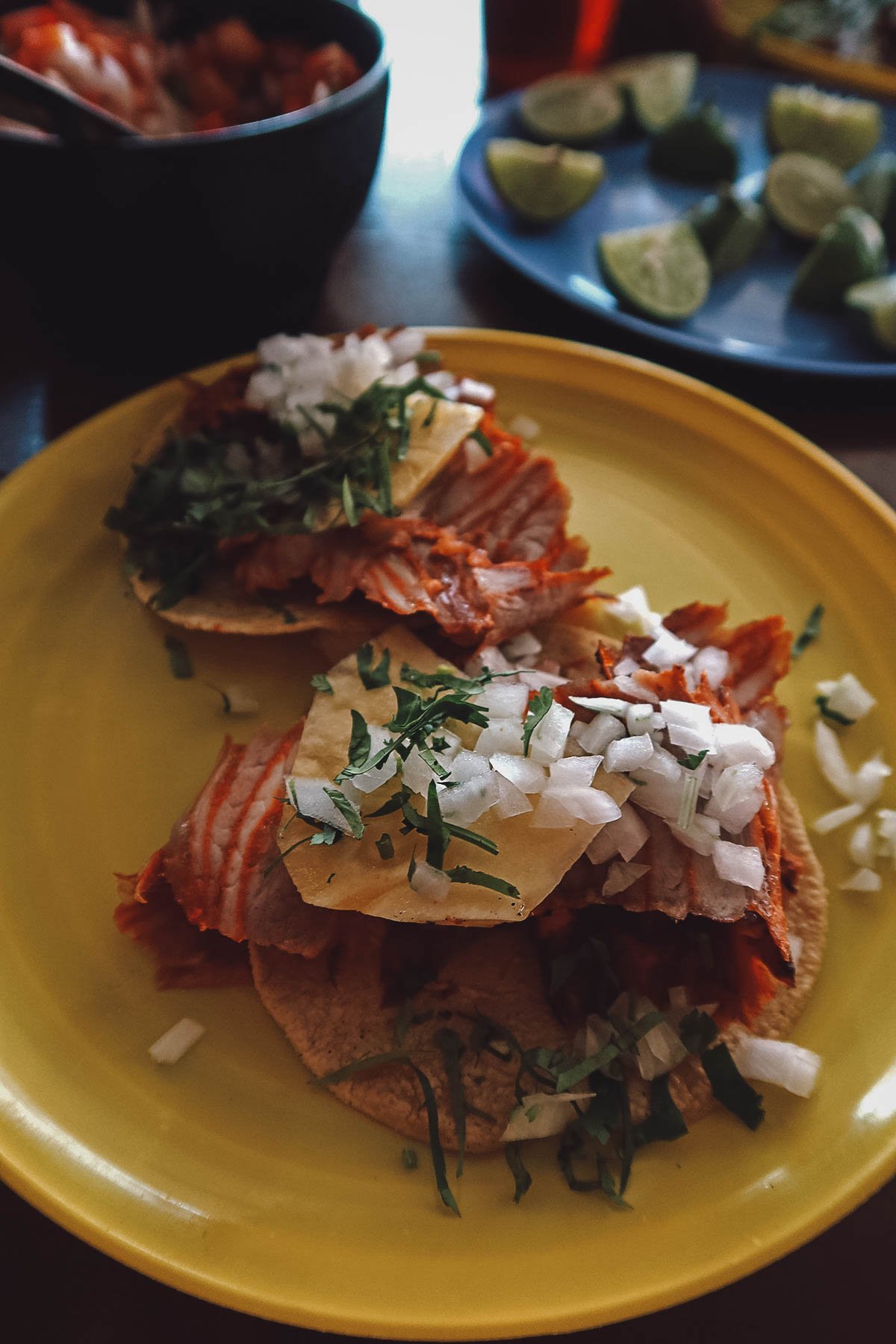 Tacos al pastor at a restaurant in Mexico City