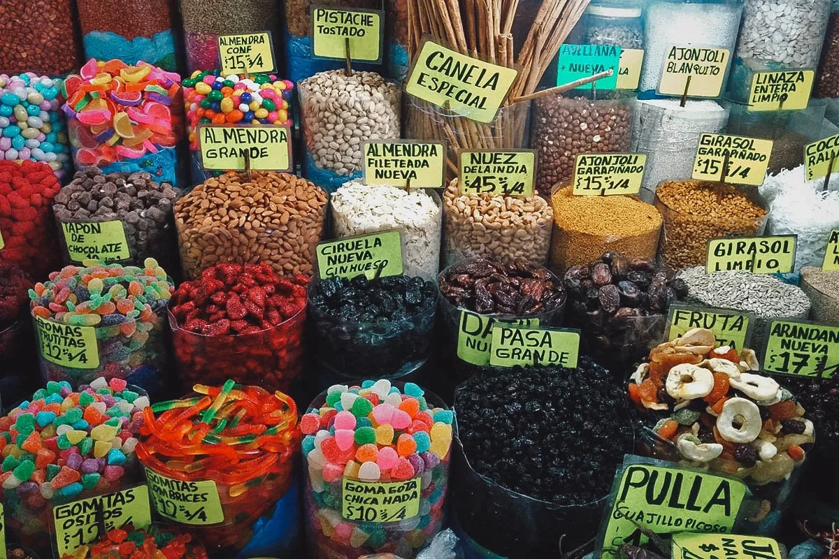 Various candies and dried fruits for sale at a Mexico City market