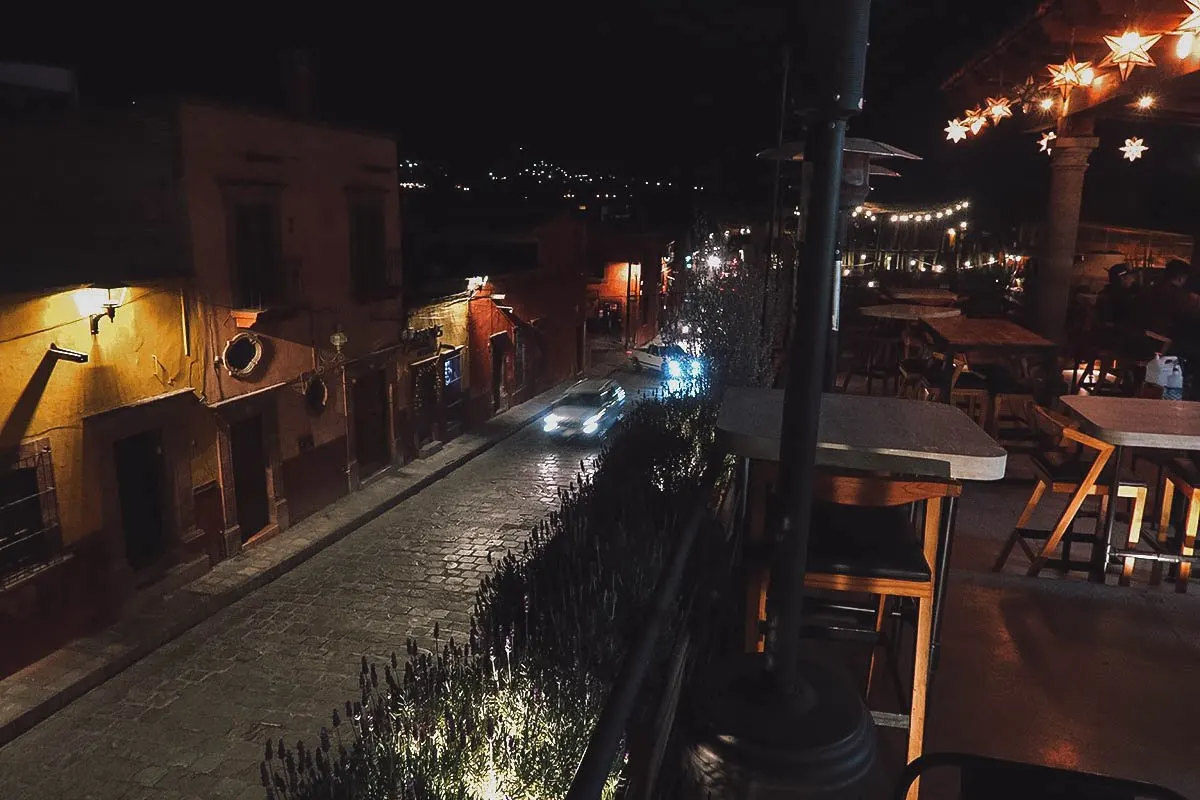 Overlooking the street from the rooftop dining area at Sabroso Taqueria