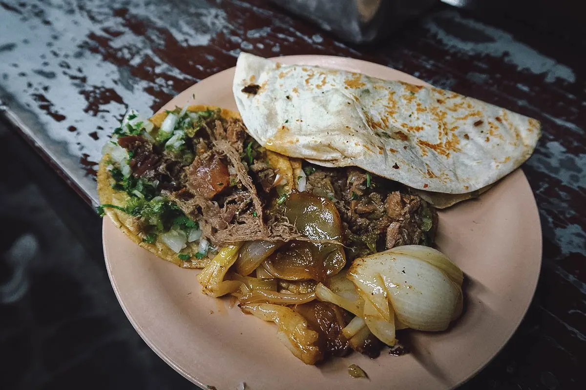 Plate of tacos and quesadilla