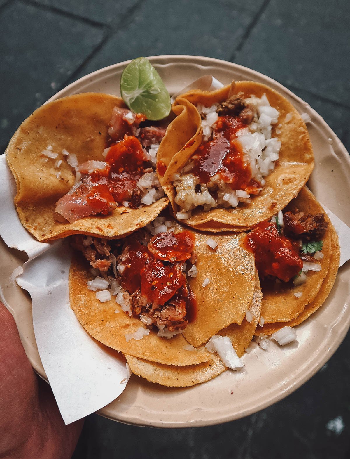 Plate of assorted meat tacos