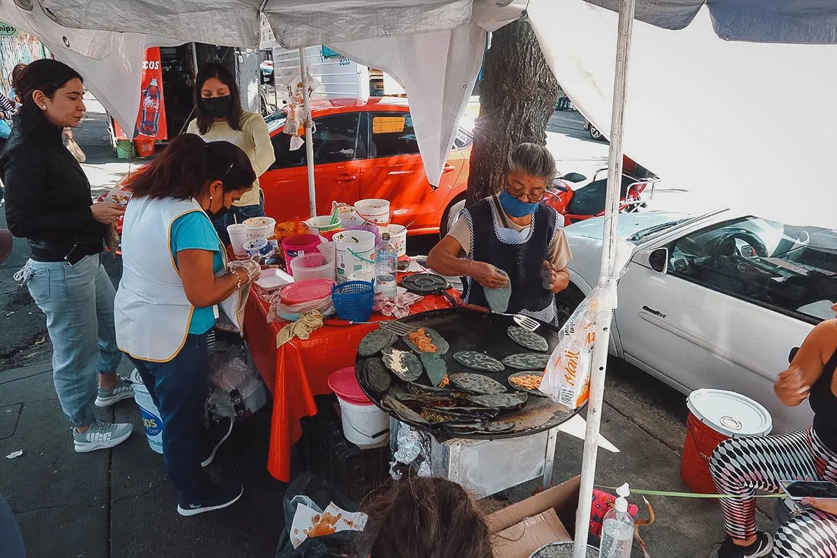 Tlacoyo street food stand near Mercado Medellin in Mexico City