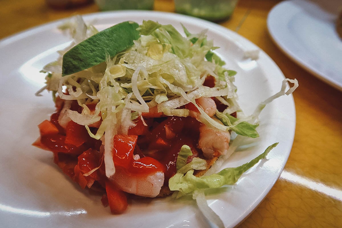 Shrimp tostada from a mercado stall in Mexico City