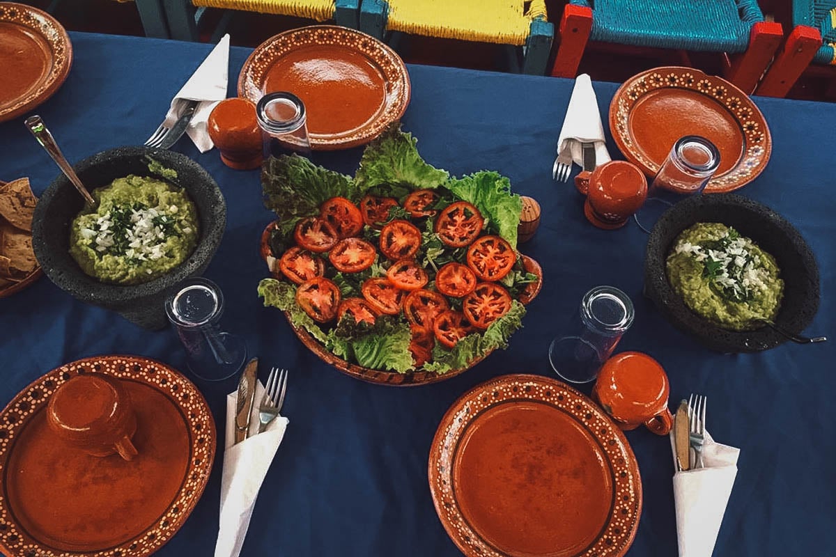 Salad and guacamole on a riverboat