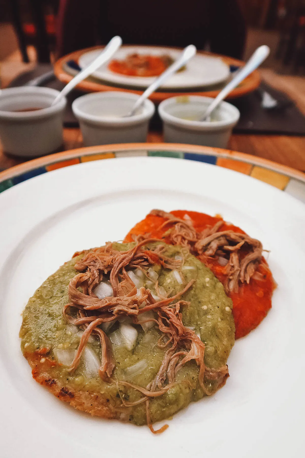 Chalupas topped with red or green sauce
