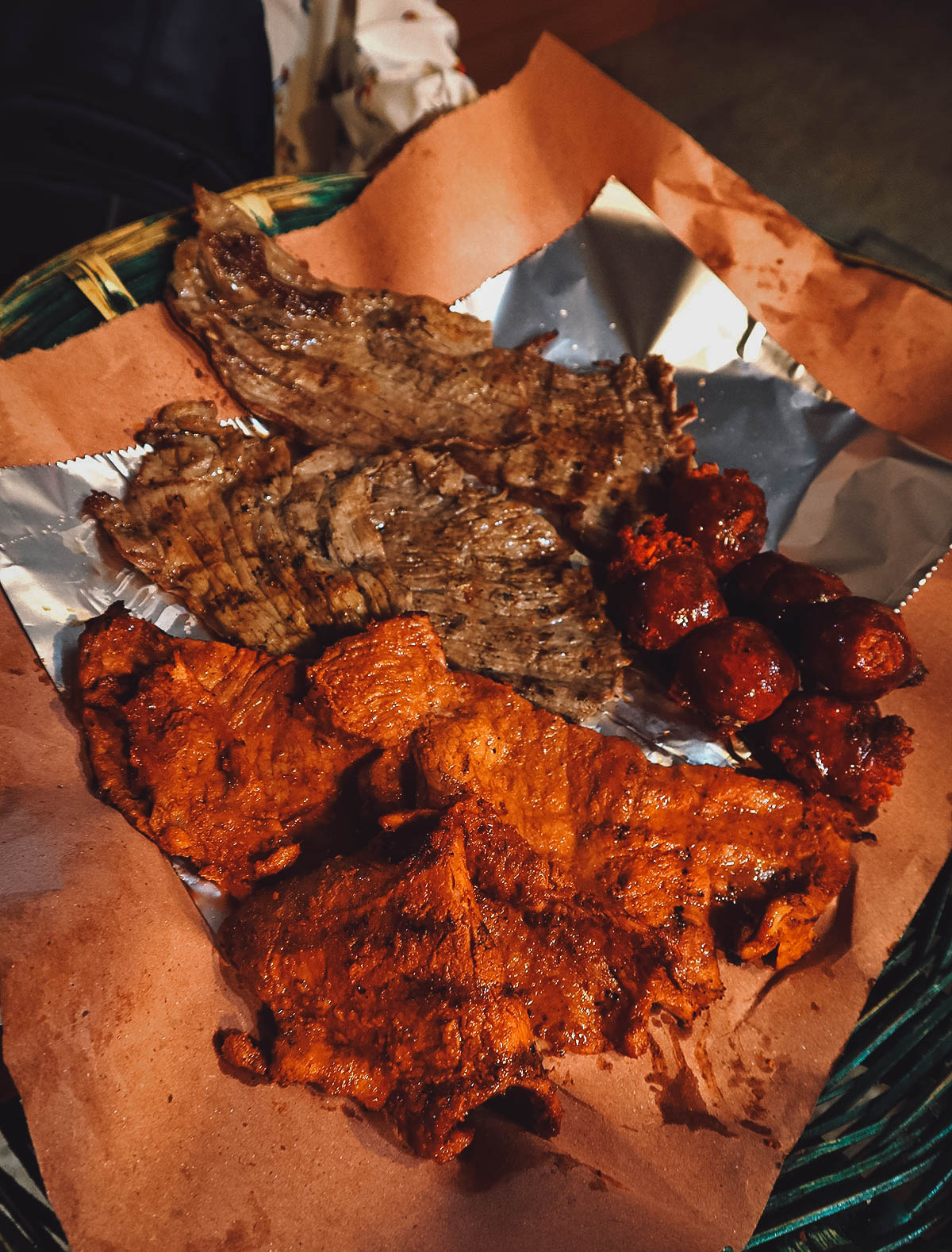 Basket with tasajo, cecina, and chorizo Oaxaqueño