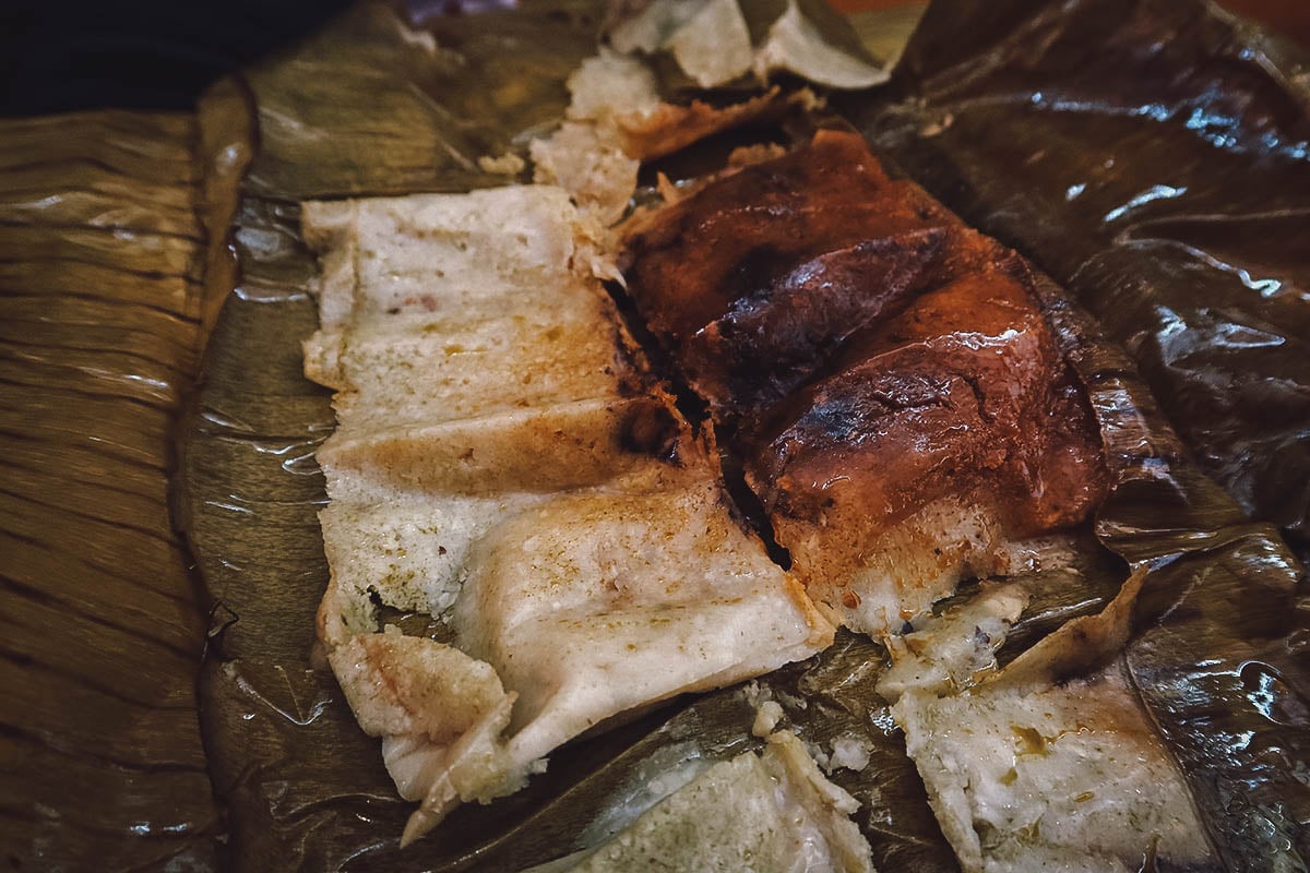 Oaxacan tamales wrapped in banana leaf instead of corn husk