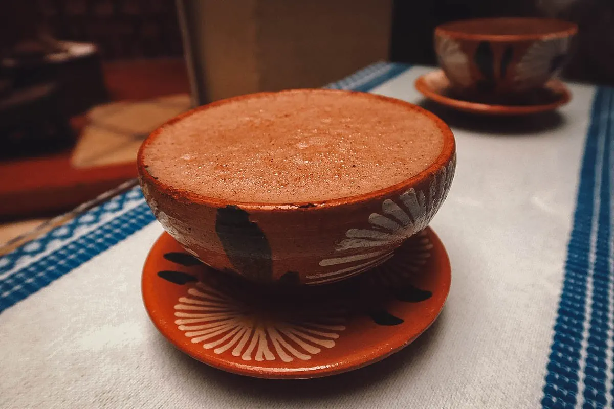 Cups of chocolate de agua and chocolate de leche in Oaxaca