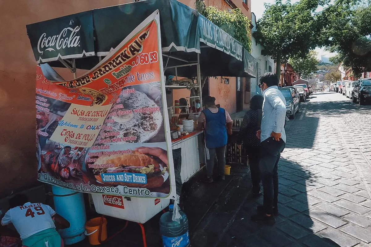 Tacos de Cazuela del Carmen Alto street food stand in Oaxaca