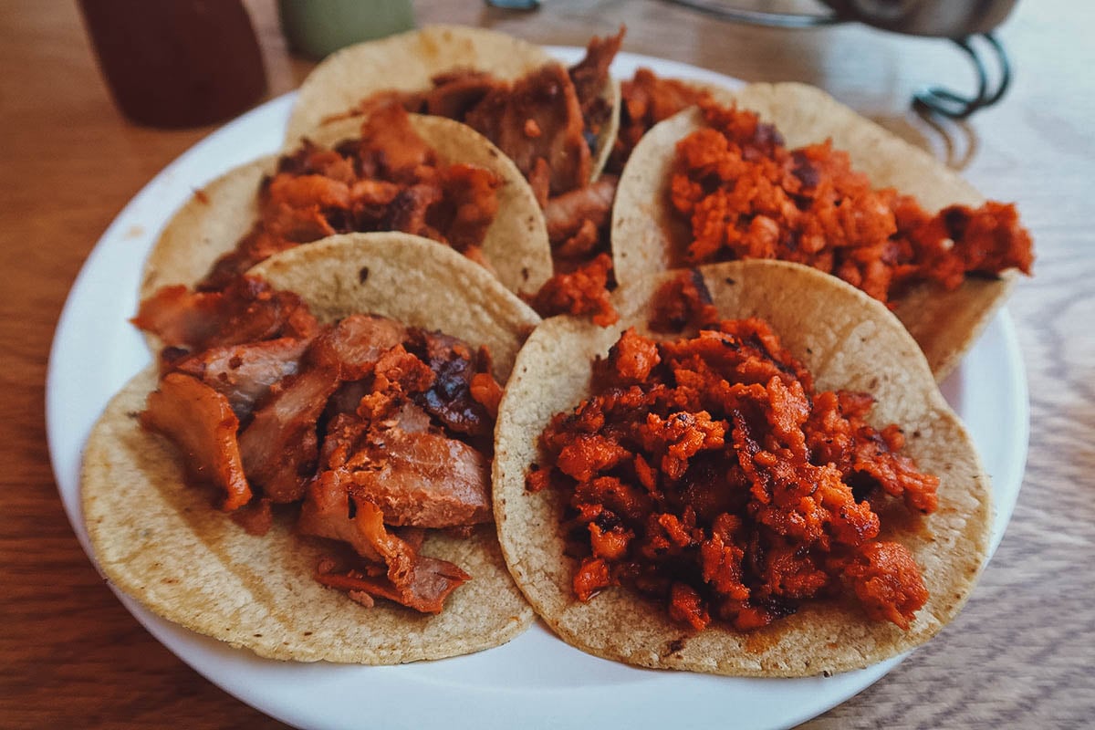 Pastor and chorizo tacos at El Chuleton restaurant in Playa del Carmen