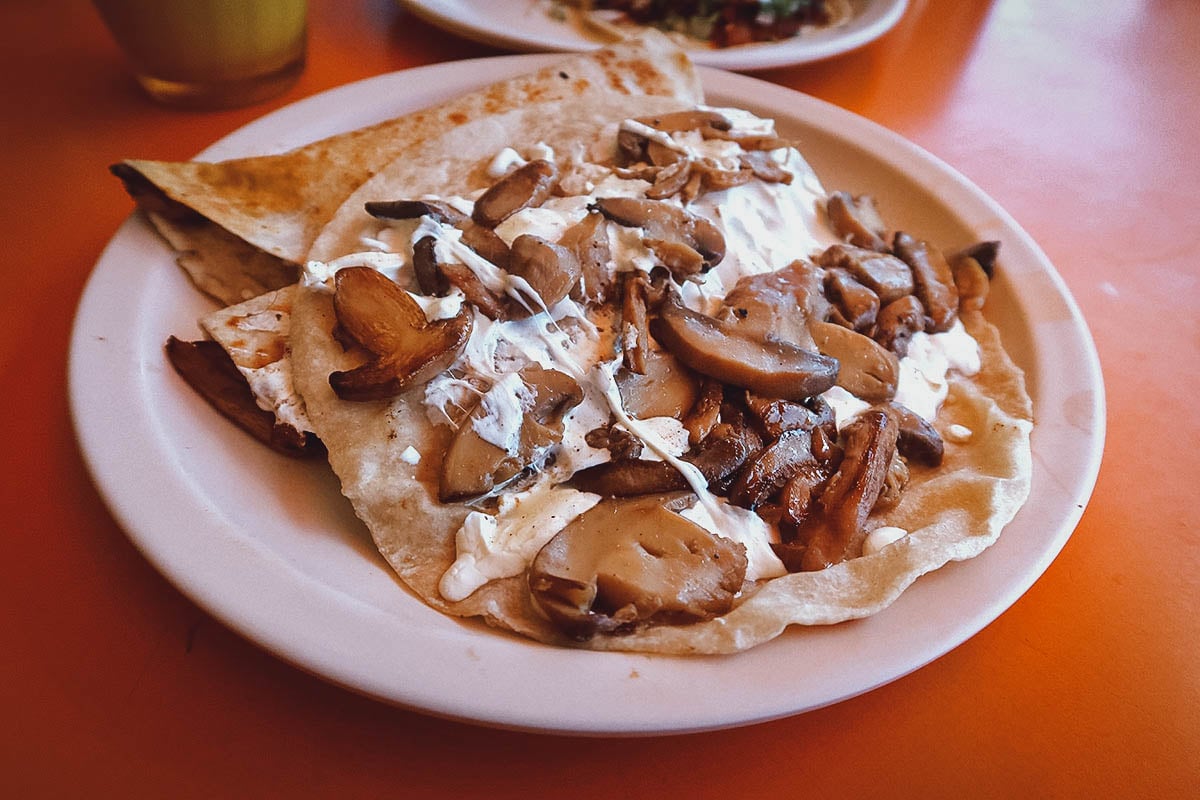 Mushrooms inside a quesadilla at El Fogon restaurant