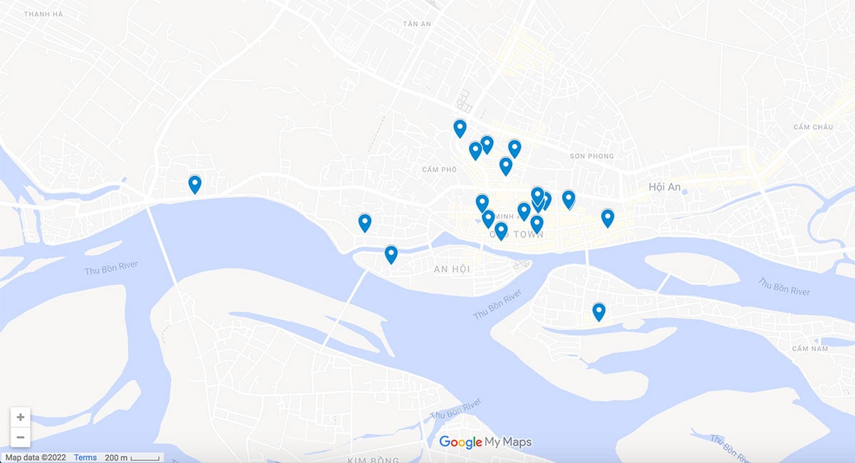 Map with pins of restaurants in Hoi An