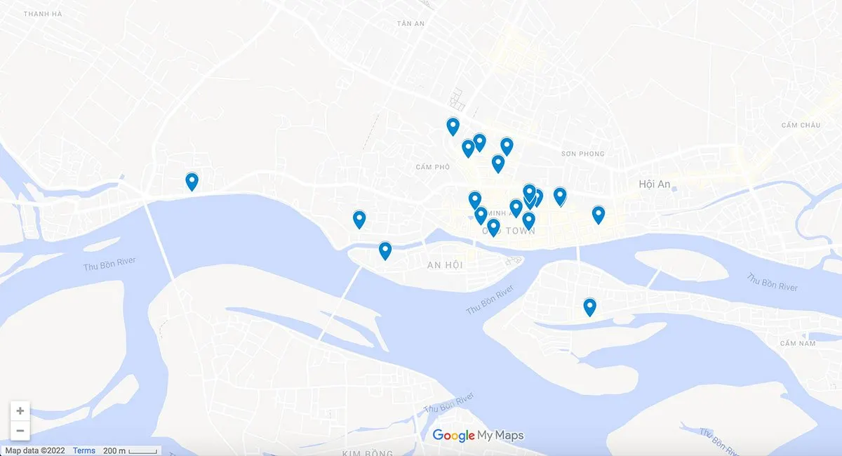 Map with pins of restaurants in Hoi An