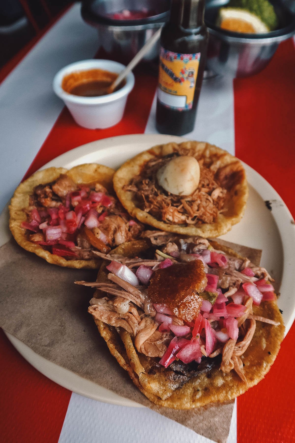 Salbutes and panuchos at a restaurant in Merida, Mexico