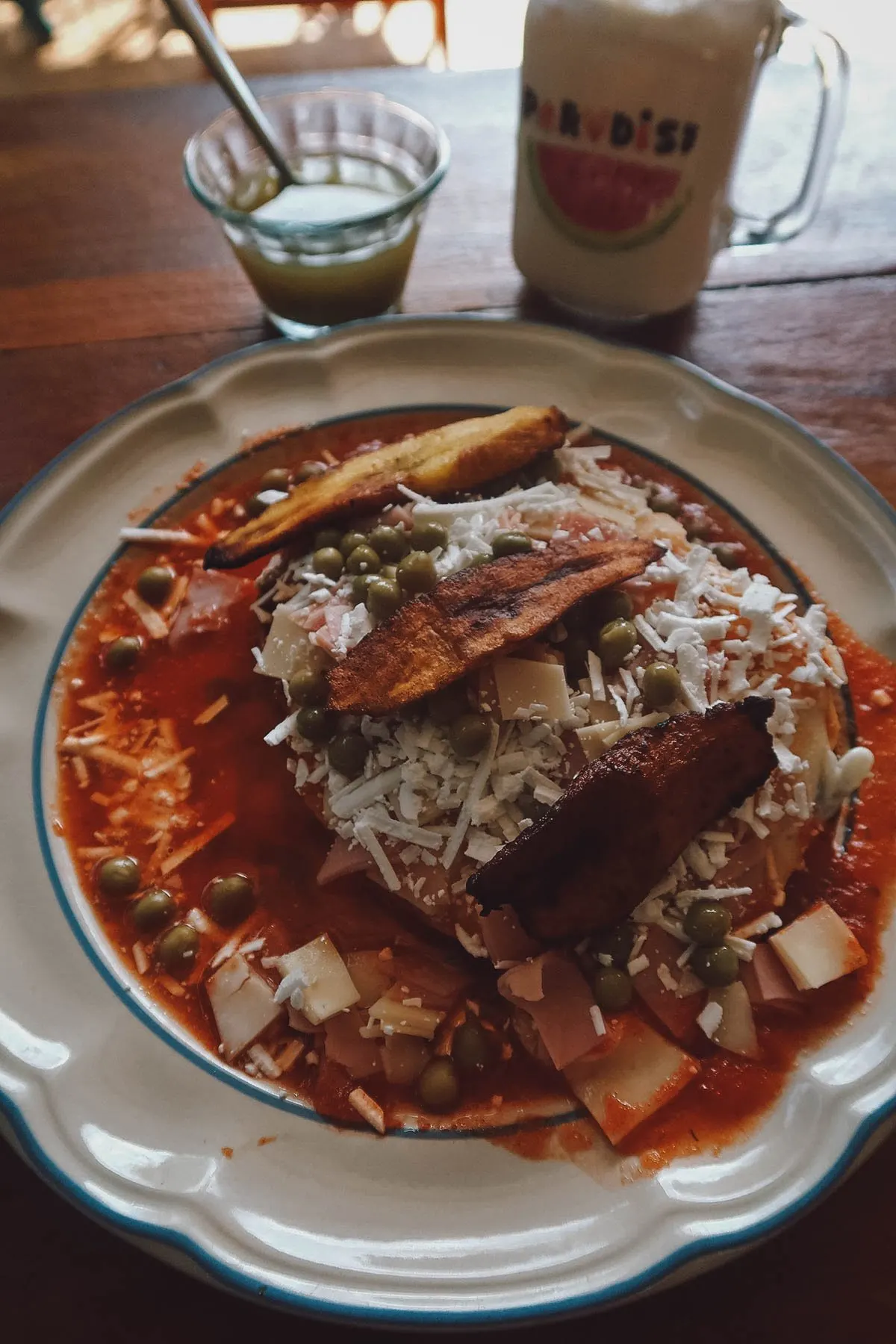 Huevos motuleños at a restaurant in Valladolid