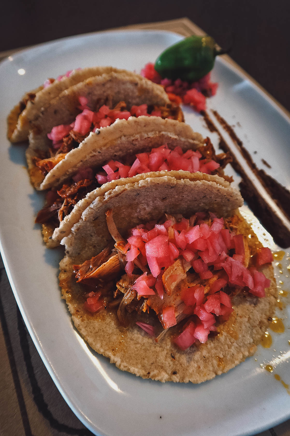 Cochinita tacos at a restaurant in Merida, Mexico