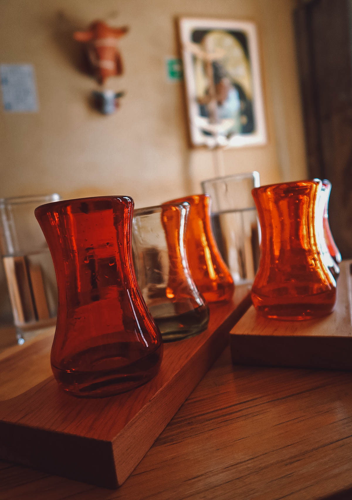 Vintage glasses at Cuish mezcaleria