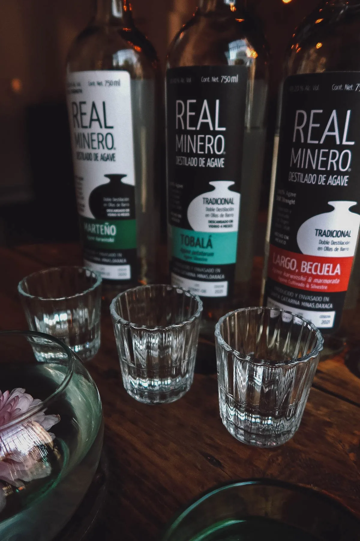 Bottles of mezcal at La Casa Grande mezcaleria in Oaxaca