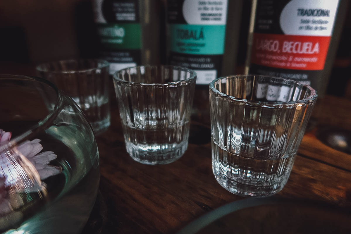 Glasses and bottles at La Casa Grande mezcaleria in Oaxaca