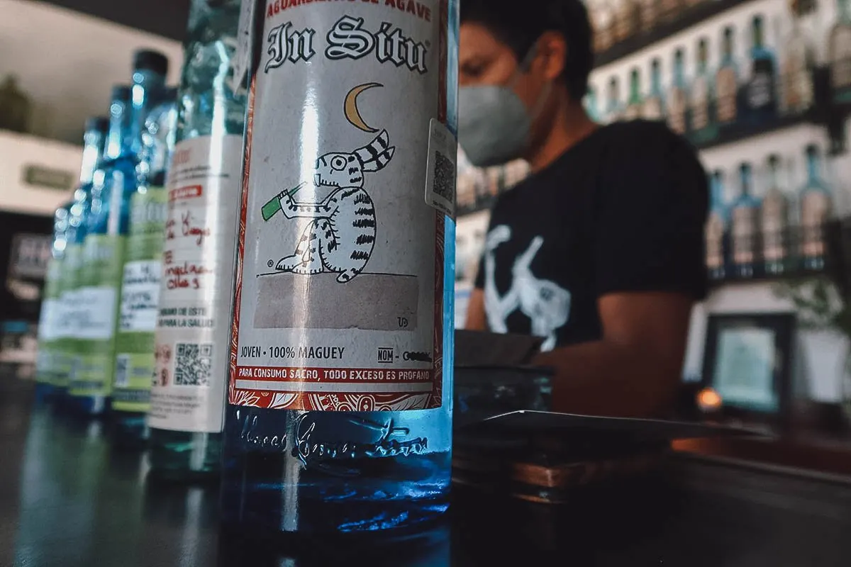 The Best Mezcalerias in Oaxaca Bottles and bartender at Mezcaleria In Situ