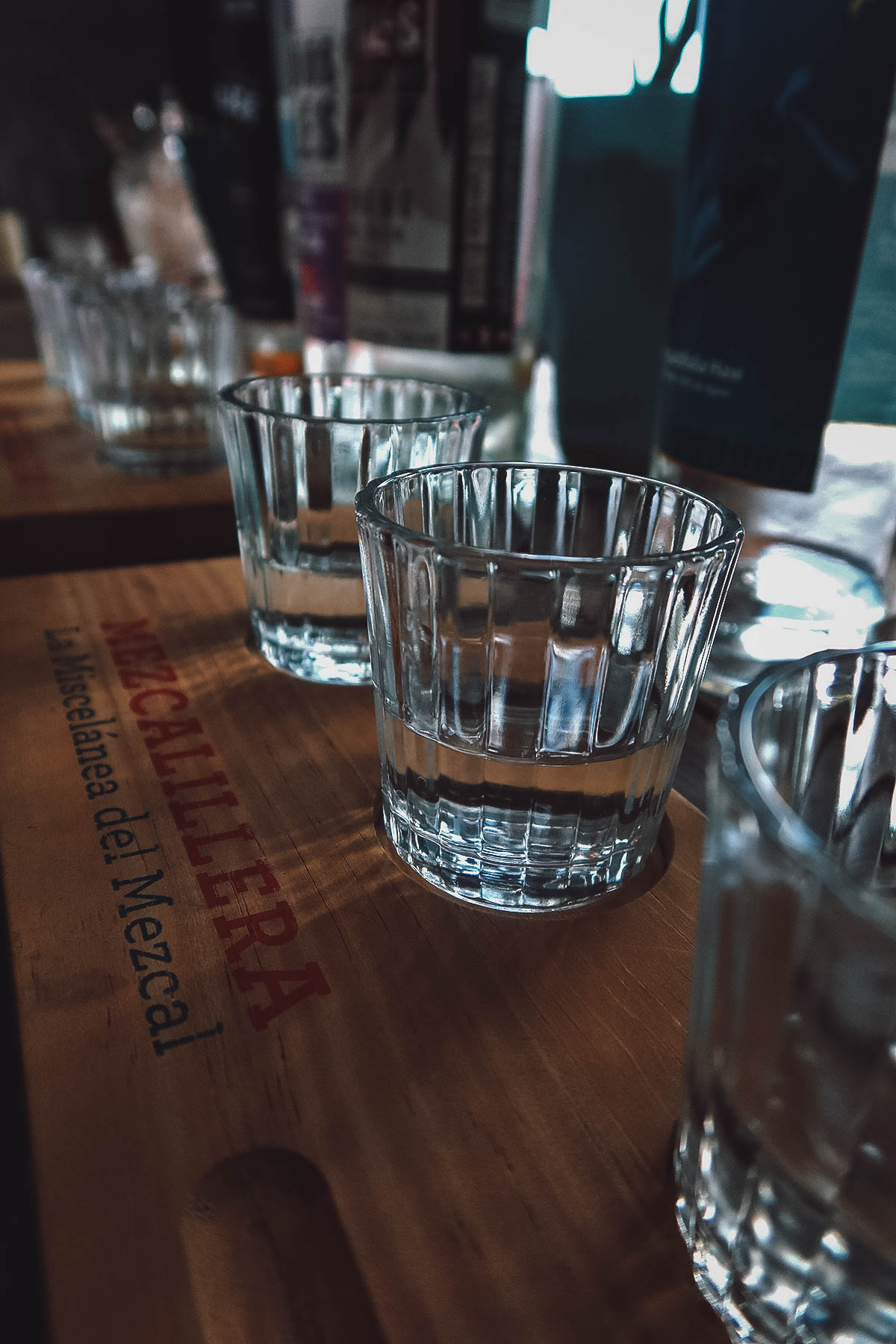 Tasting glasses at a mezcaleria