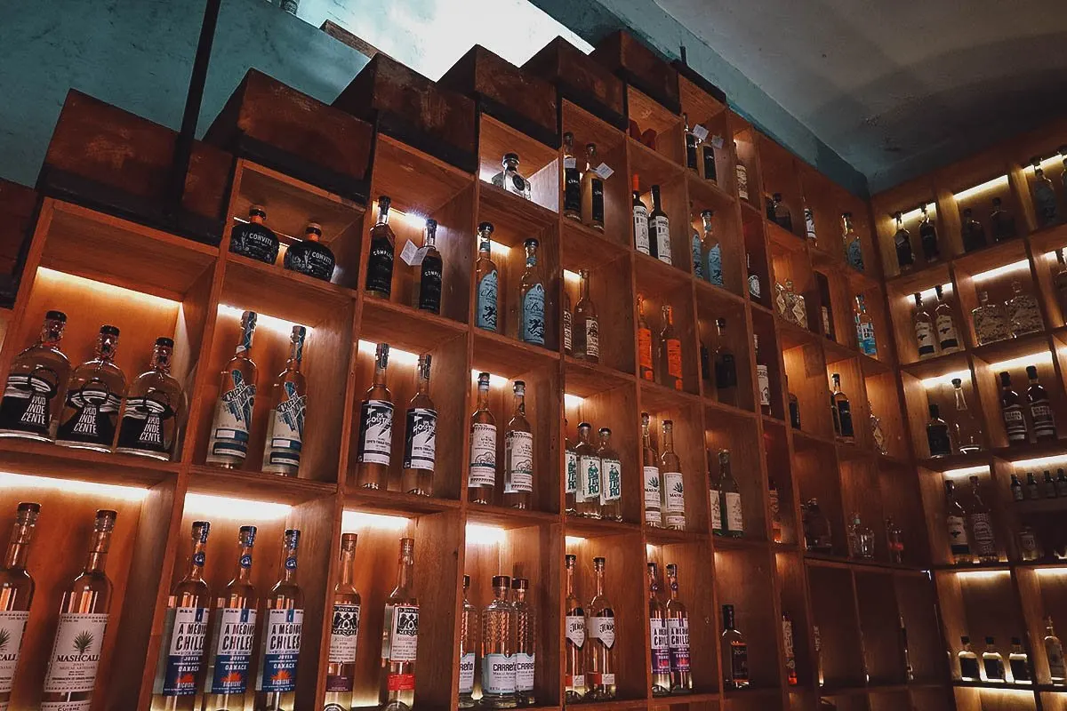 Bottles on display at Mezcalillera