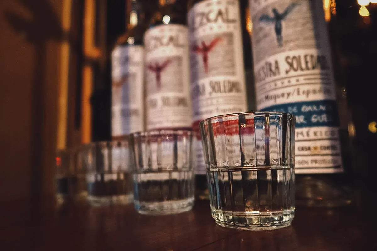 The Best Mezcalerias in Oaxaca Bottles and filled glasses at Mezcalogia