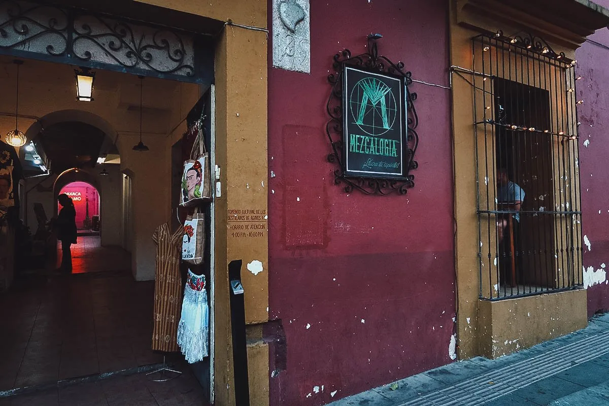 Entrance to Mezcalogia mezcaleria in Oaxaca