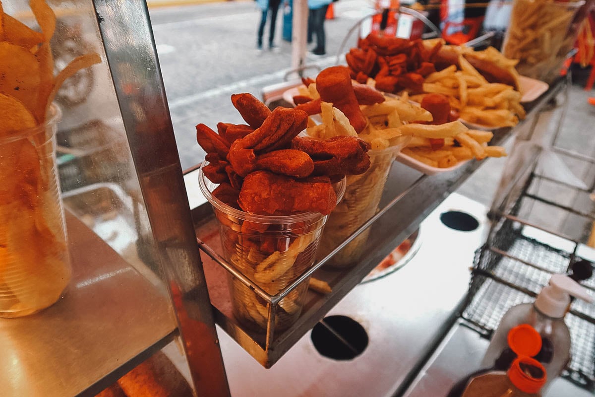 Fried hot dogs and french fries in Merida