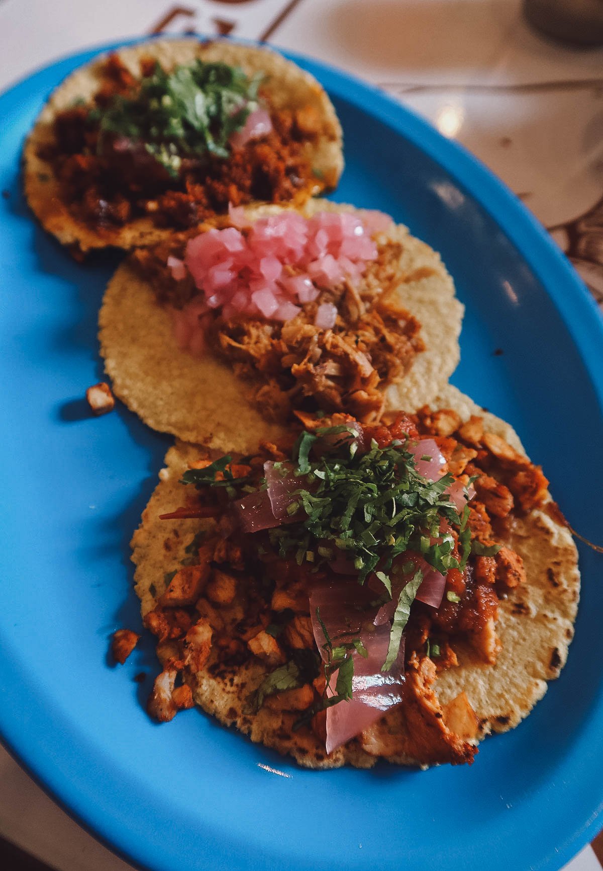 Trio of tacos from a restaurant in Merida, Mexico