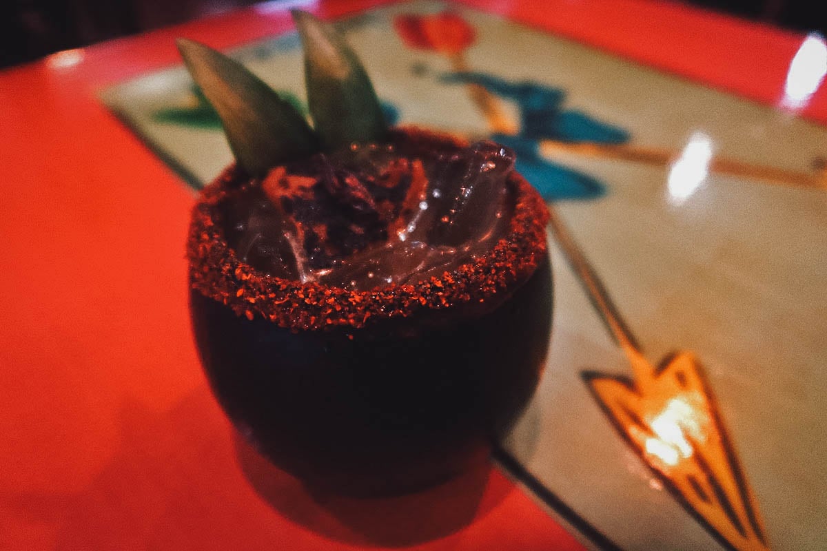 Mezcal cocktail at a restaurant bar in Valladolid
