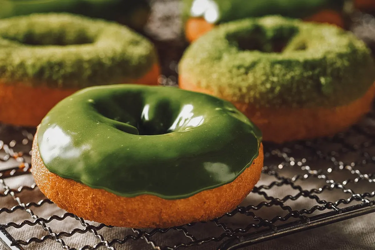 Tray of matcha donuts