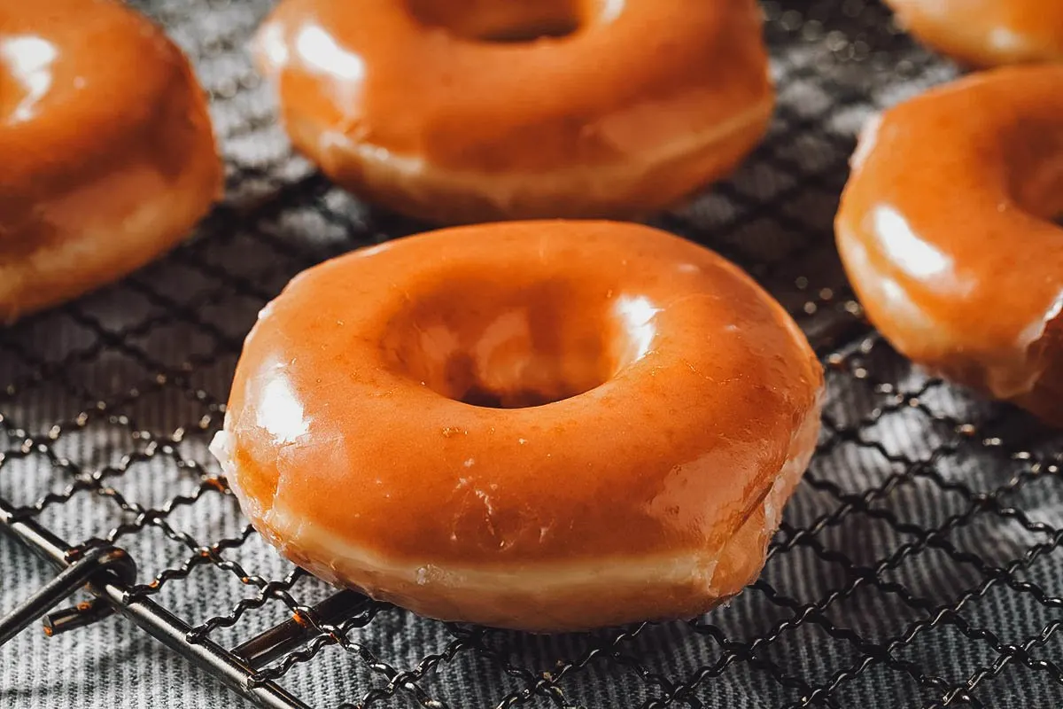 Tray of glazed yeast donuts