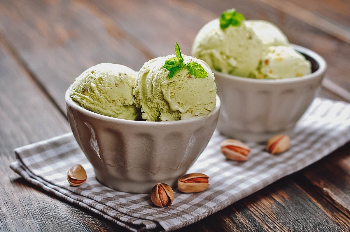 Bowls of ice cream and pistachios
