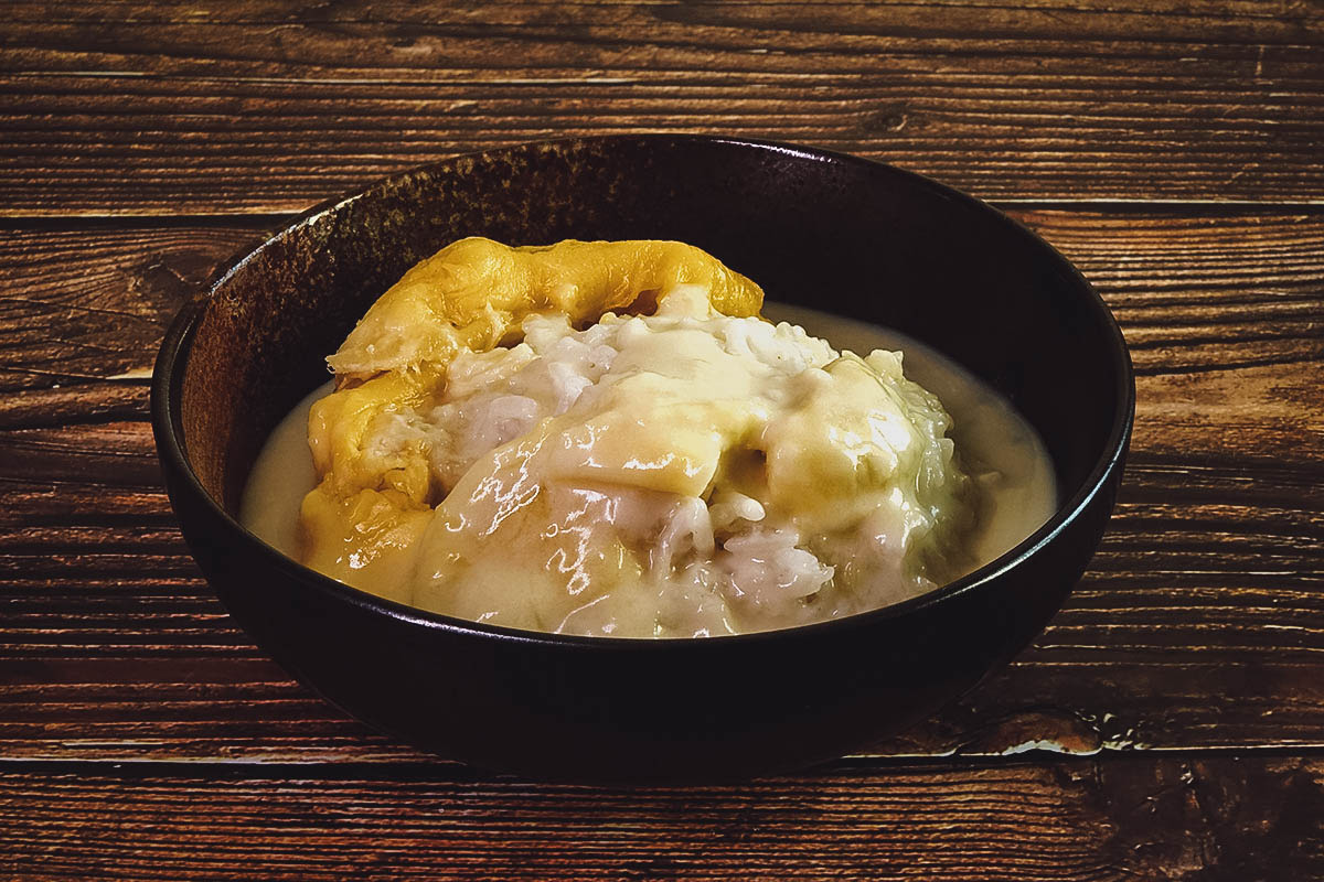 Durian sticky rice drenched in coconut milk