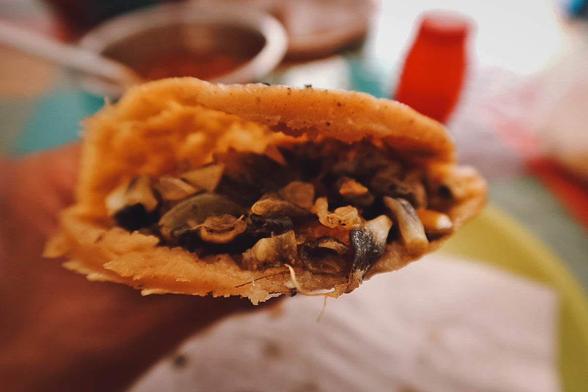 Gordita with huitlacoche at Gorditas los Pinos in Queretaro