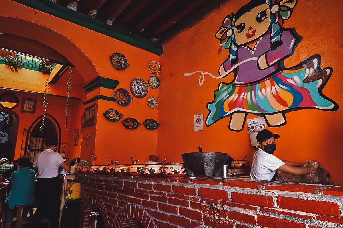Colorful mural inside Los Compadres restaurant in Santiago de Queretaro