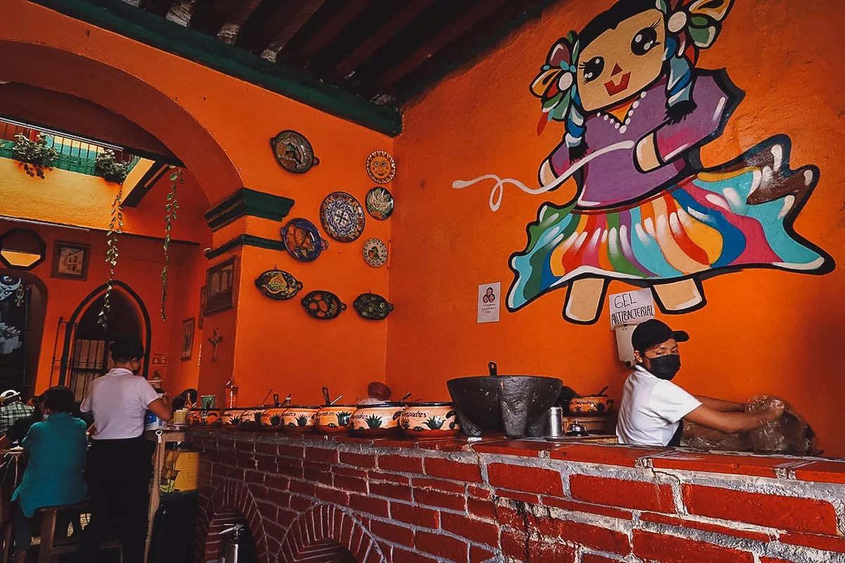 Colorful mural inside Los Compadres restaurant in Santiago de Queretaro